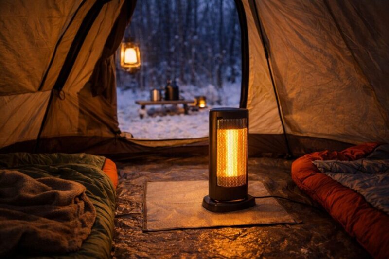 テント内で暖房の置き場所と安全距離を確保するイメージ