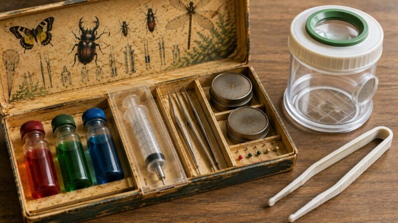 昭和の昆虫採集セットに入っていた注射器形器具と現在の安全な昆虫観察用品の比較
