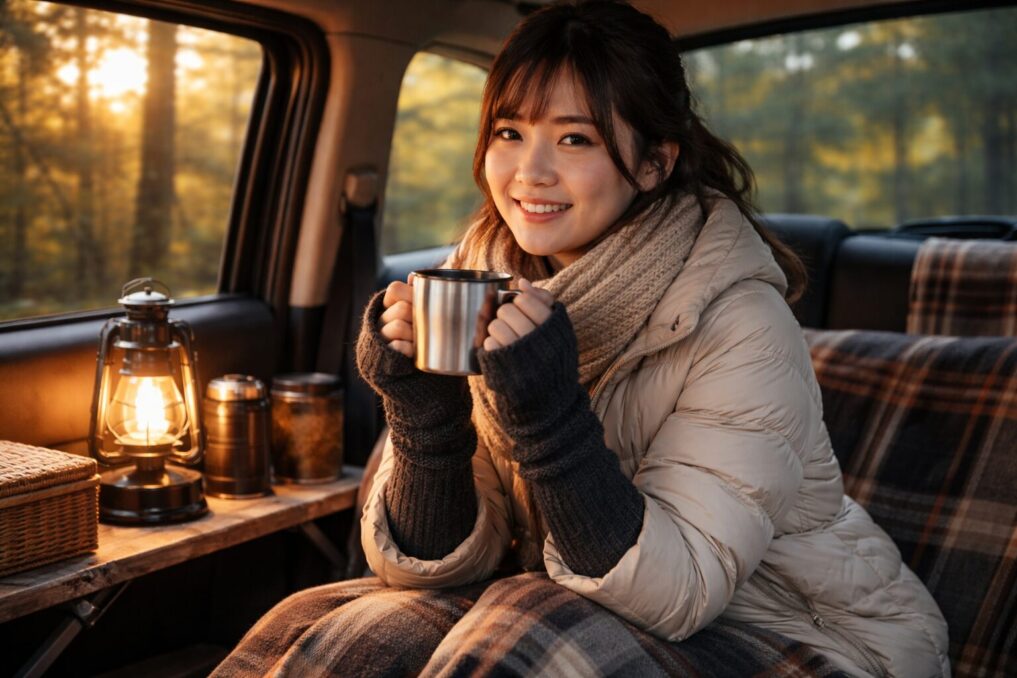 車中泊の車内でアームウォーマーを着けた女性が温かい飲み物を手にくつろぐ様子