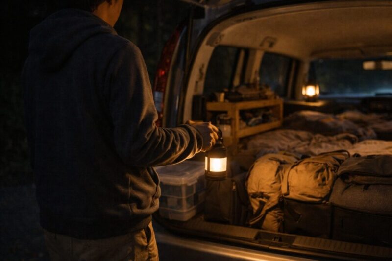 充電式ランタンを持って夜の車外で荷物整理をしている様子