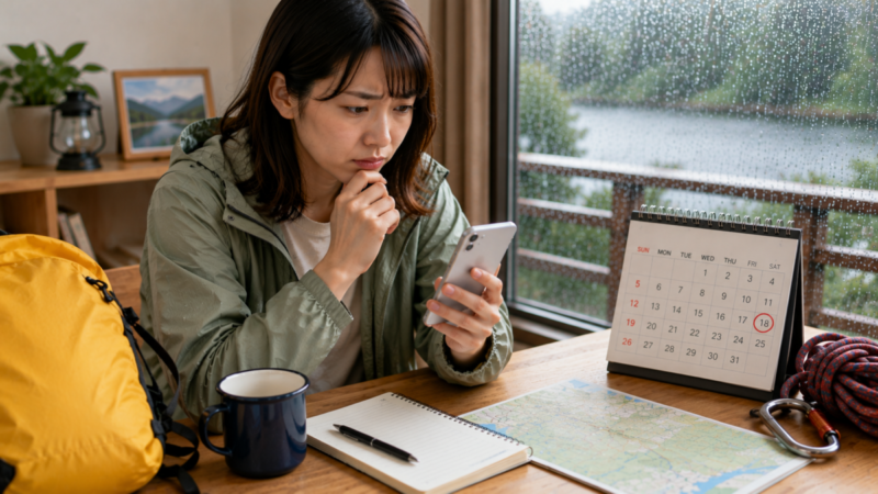 雨の日にアウトドア体験の予約やキャンセル状況をスマートフォンで確認する女性
