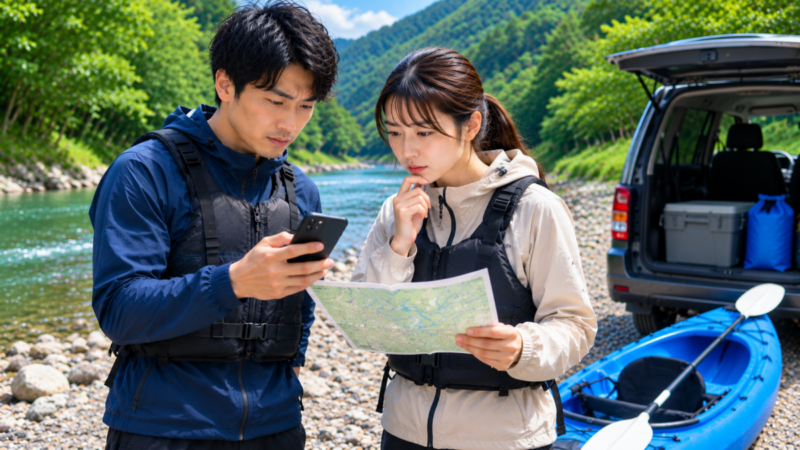 川辺でスマートフォンと地図を確認しながらカヤック体験前の集合場所を確認する男女