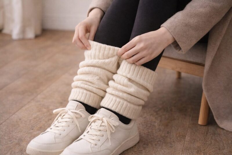 ずり落ちにくい履き方でレッグウォーマーを整えている様子