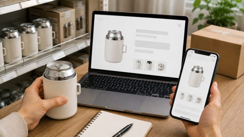 店頭の商品棚とパソコン、スマートフォンの通販画面を見ながら保冷缶ホルダーの購入先を比較する様子