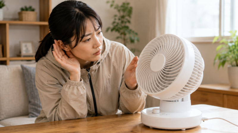 サーキュレーターの異音がどこから出ているか確認する女性