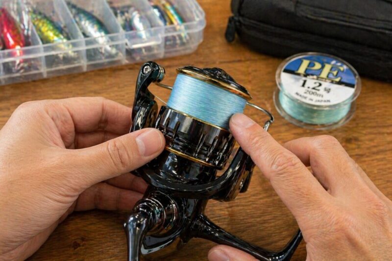 リールに巻かれたPEラインの状態を指で確認し、糸噛みや巻きムラがないか点検している様子。