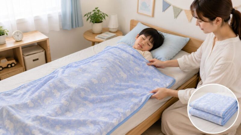 子どもの体格に合わせて冷感ケットの掛かり方を保護者が整える様子
