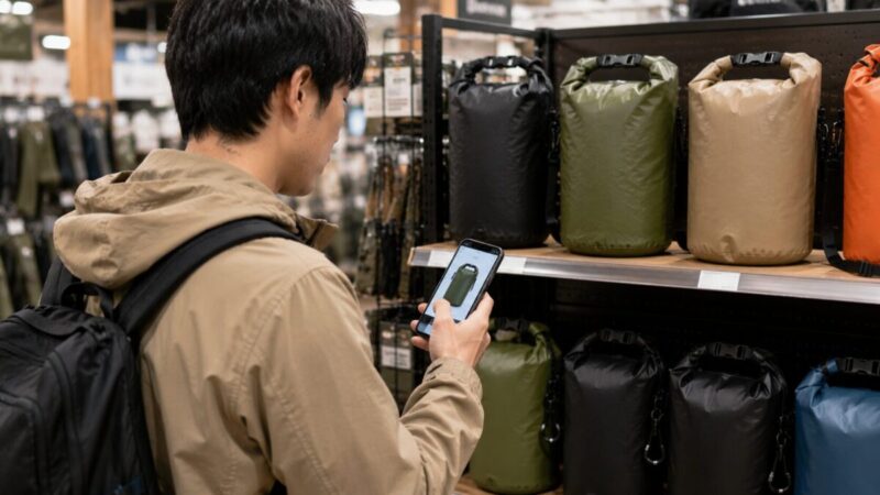 店頭でスマートフォンの商品画像を確認しながら、色違いのドライバッグを探している男性