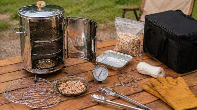 燻製器を使いやすくするための温度計、追加網、アルミ皿、フックなどの道具一式