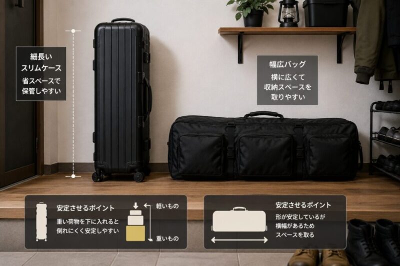 細長いスーツケースの保管性と安定性を比較するイメージ
