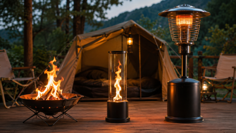焚き火台とPATIO FLAME風ファイヤーランプとパティオヒーターを比較したキャンプ風景