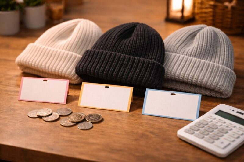 木製テーブルに3色のニット帽と値札カード、硬貨と電卓を並べた価格比較のイメージ
