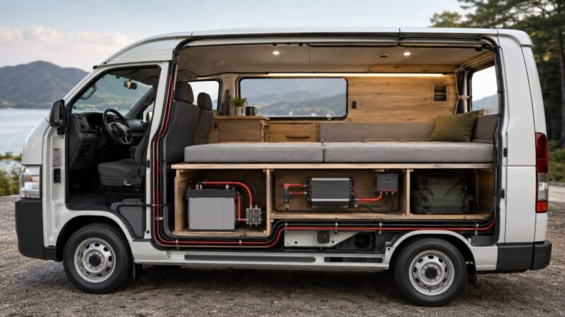 ハイエース風バンの荷室下に走行充電器やサブバッテリーを配置した車中泊電装のイメージ