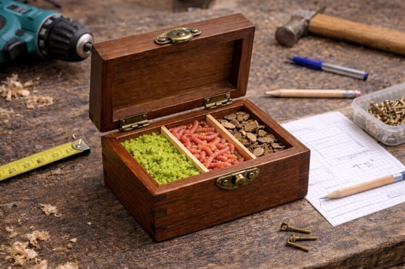 木色の自作餌箱に仕切りを設け、サイズ感や収納構造を検討している作業台のイメージ