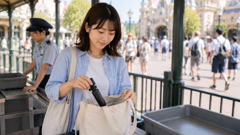 入園前の手荷物検査エリアで、小型の撮影グリップをバッグへしまう女性。