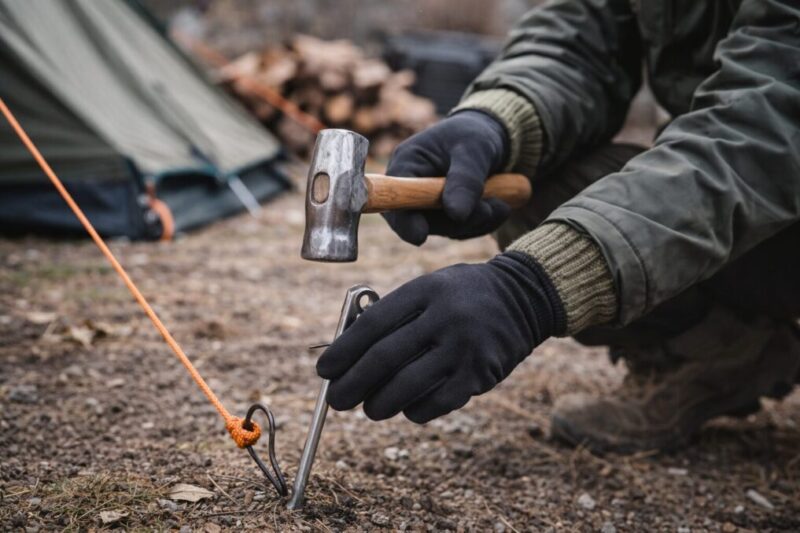 キャンプ場で手袋を着けた手元がハンマーでペグを打ち込んでいる写真