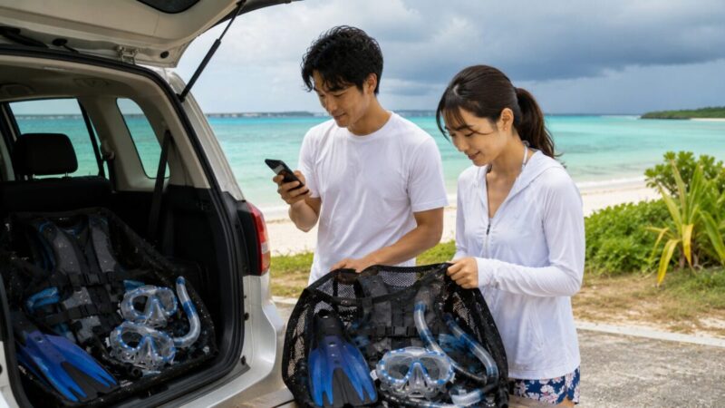 宮古島でレンタル器材の返却場所と天候を確認する旅行者