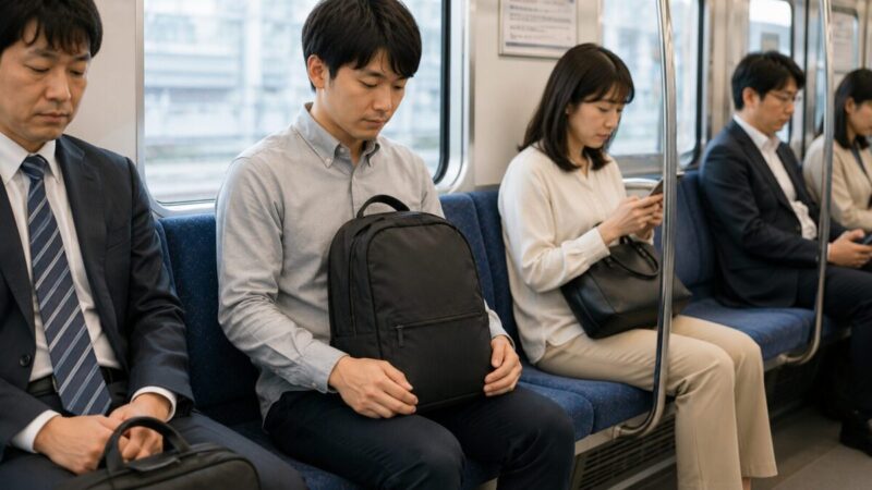 電車の座席でリュックを膝の上に置いて周囲へ配慮する人物