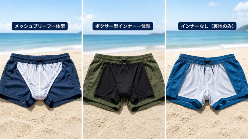 メッシュブリーフ一体型とボクサー型インナー一体型と裏地のみの海パンの違い