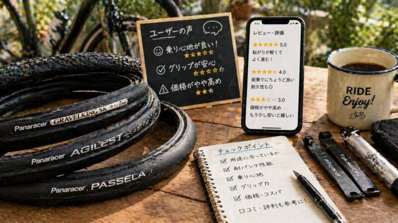 自転車タイヤの口コミや比較ポイントを確認しているイメージ。