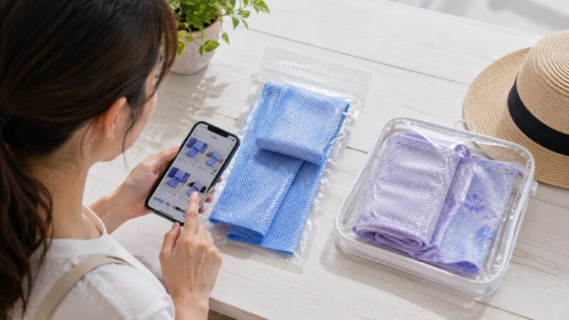 現行品と歴代デザインの冷感タオルをスマートフォンで比較する女性