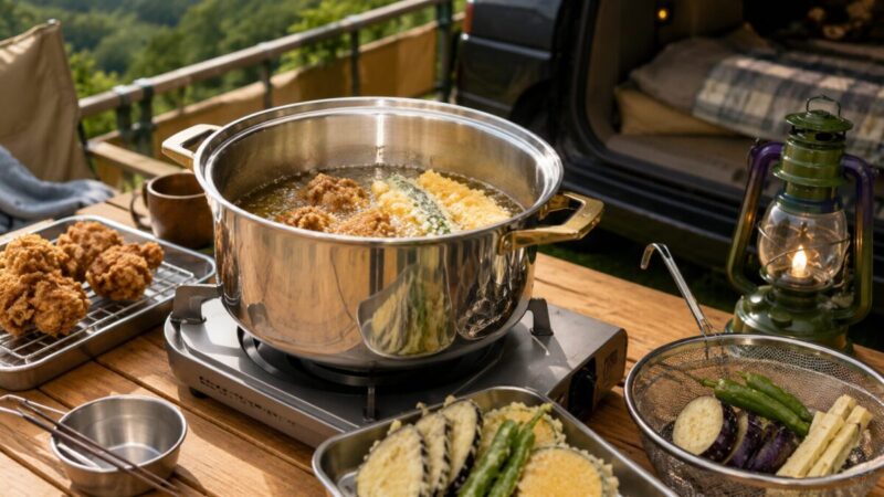 深鍋で少量の油を使いから揚げと天ぷらを揚げている様子