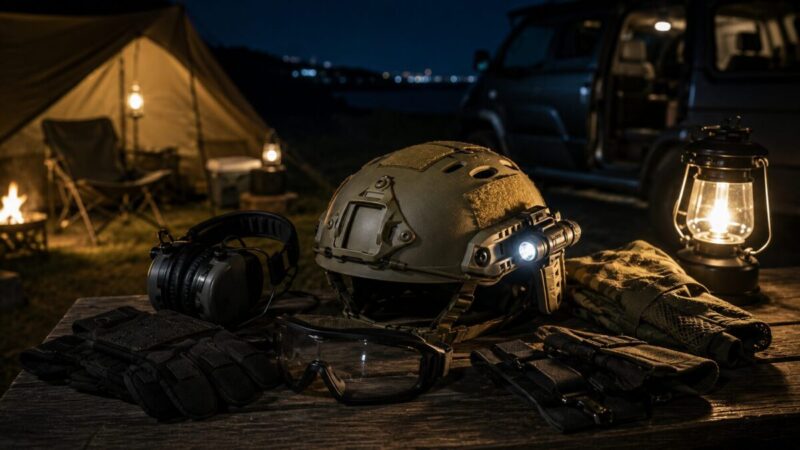サバゲーヘルメットライトをキャンプや車中泊にも使うイメージ画像。