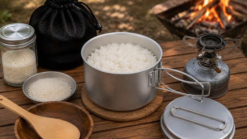 アルミクッカーで炊いた白いご飯と米、バーナーを並べたキャンプ炊飯の容量確認イメージ。