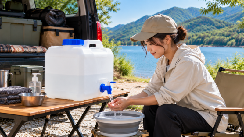 車中泊でウォータータンクの水を使い洗い桶で排水を受けながら手を洗う様子