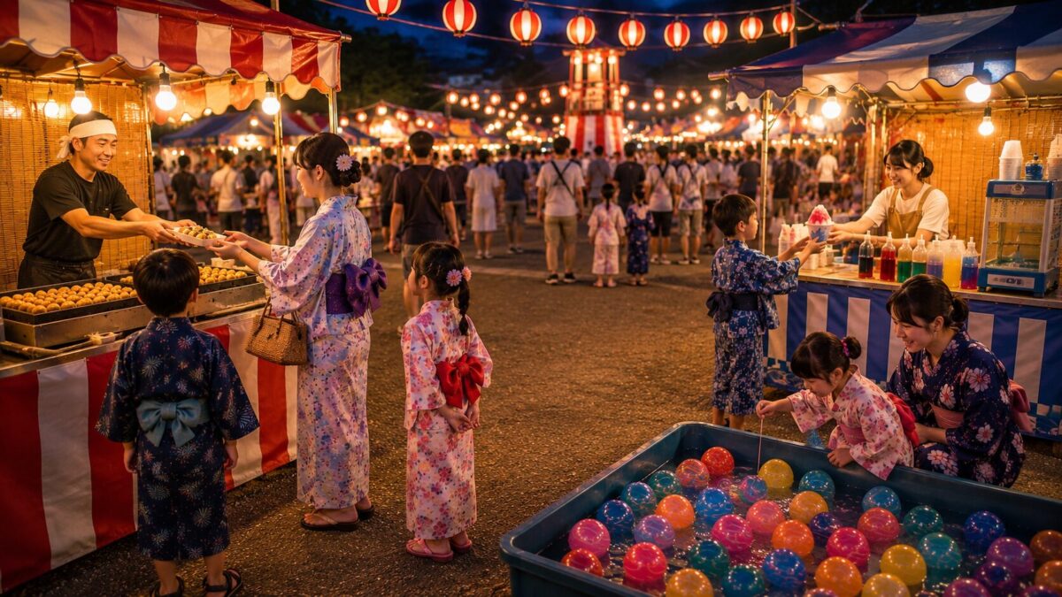夏祭りの食べ物屋台やヨーヨー釣りを家族で楽しむ夕暮れの縁日会場