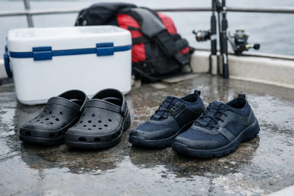 船釣りで使うクロッグ型サンダルと防滑シューズを濡れたデッキ上で比較してい