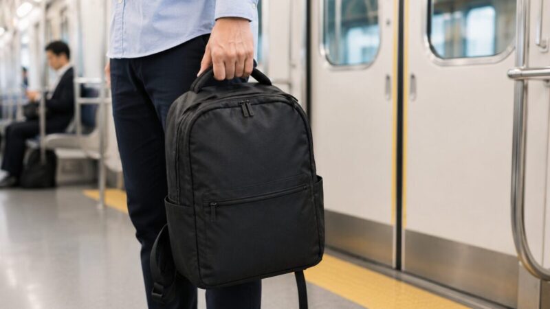 リュックの上部ハンドルを持って電車移動する人物