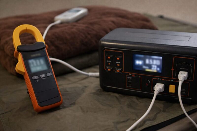 電気毛布の消費電力を確認しながら、ポータブル電源の残量表示をチェックする手元の様子