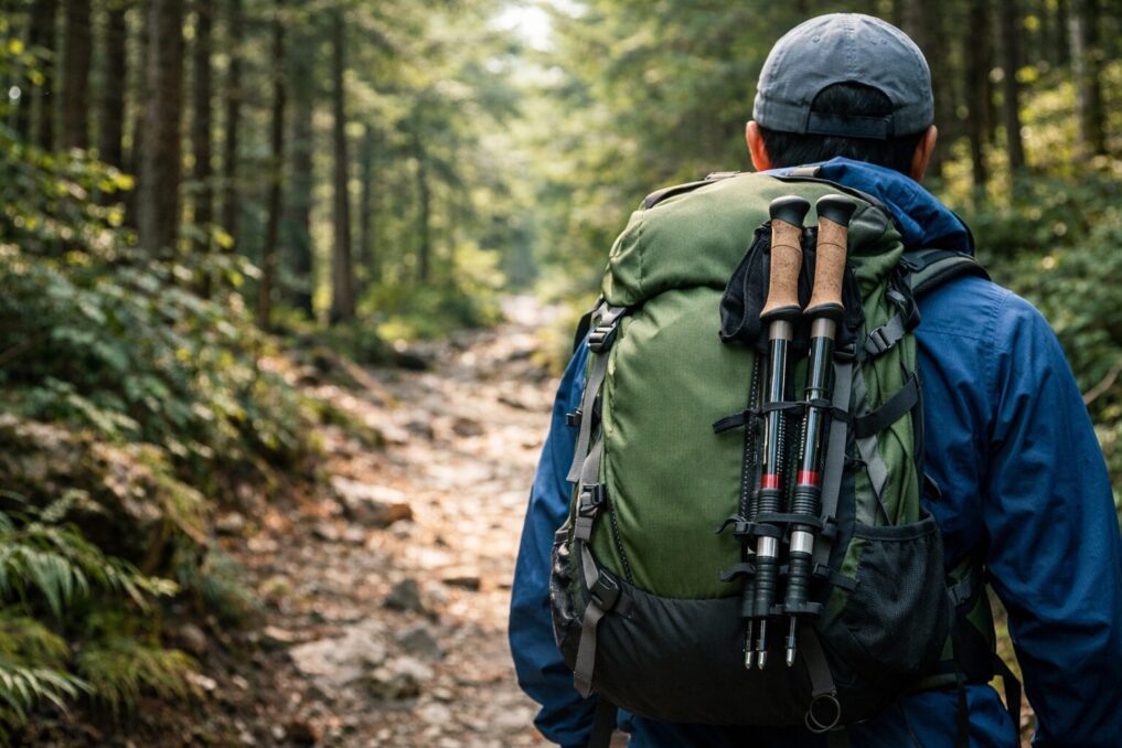 森の登山道で、ザック外側にトレッキングポールを固定して歩く登山者の後ろ姿