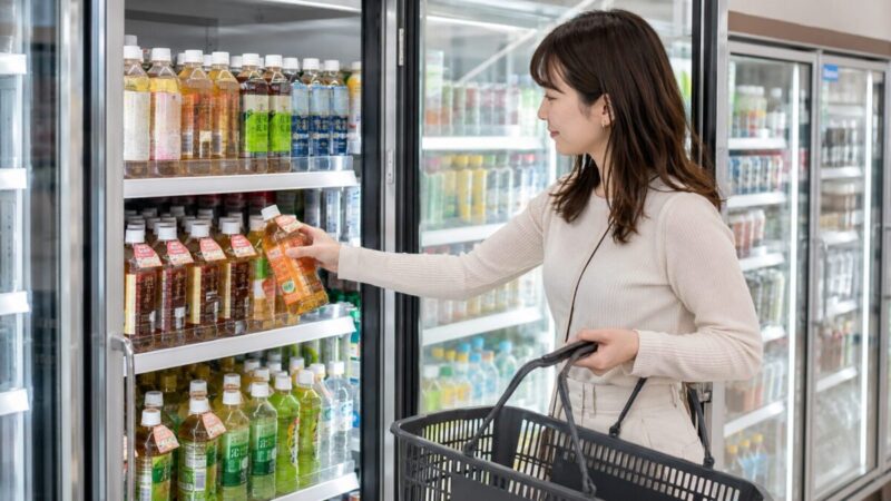 コンビニでおまけ付きペットボトルを探しやすい売り場を示す画像