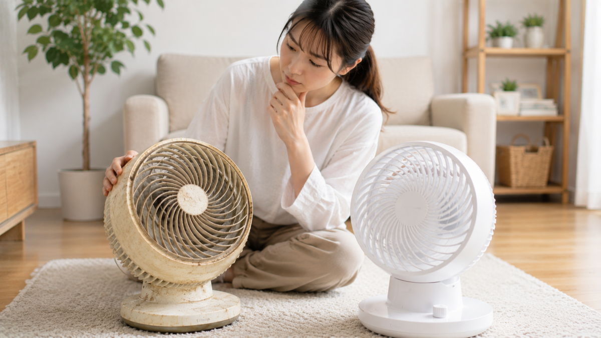 古いサーキュレーターと新しいサーキュレーターを比較しながら買い替えを検討する様子