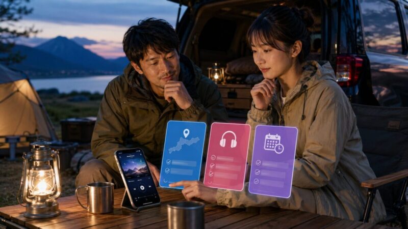 車中泊キャンプのテーブルで、スマホのラジオアプリと地域・再生期間・聴取方法を示す比較画面を確認する男女。