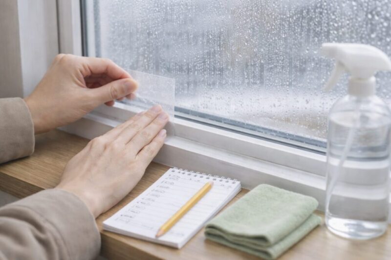 賃貸の窓で小さく試し貼りをしながら、メモを見て慎重に結露対策を進めているイメージ