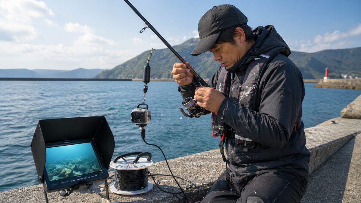 堤防で水中カメラ付きの釣り仕掛けを準備しながら海中映像を確認している様子