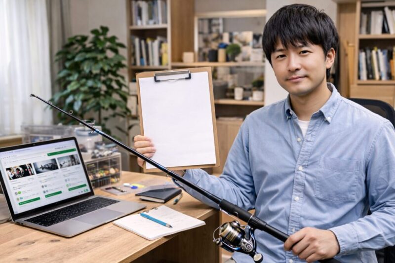 釣竿を高く売るために掃除や付属品整理をしている手元