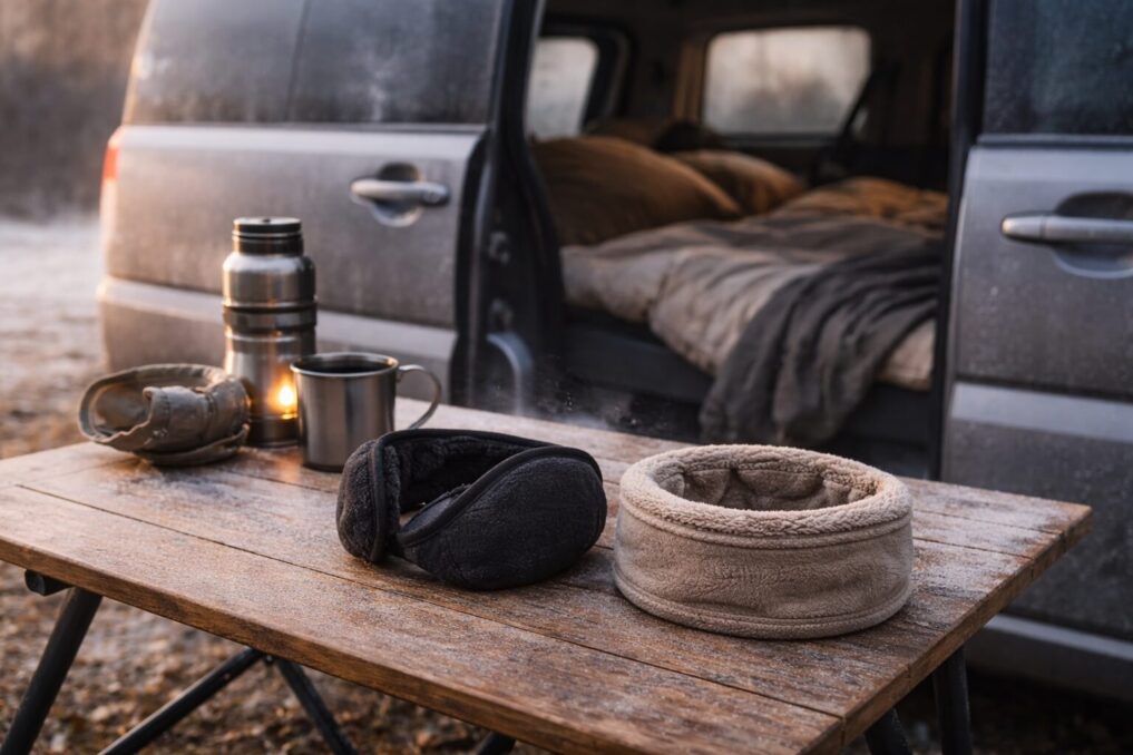 冬の車中泊の朝に耳当てとネックウォーマーで防寒準備をするイメージ