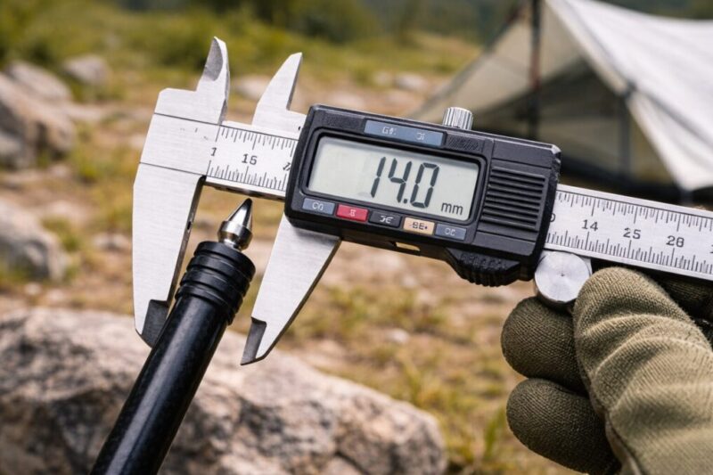 ノギスでトレッキングポール先端の太さを測り、延長パーツの適合を確認している様子