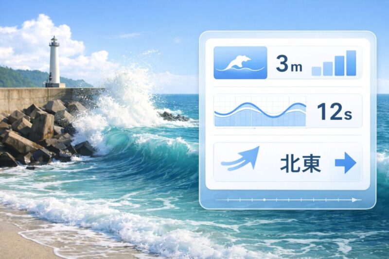 波高とうねりをチェックして安全を判断する海釣りの図解