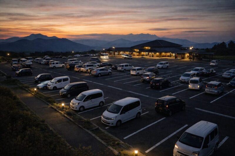 連休前後の道の駅駐車場の混雑をイメージした風景