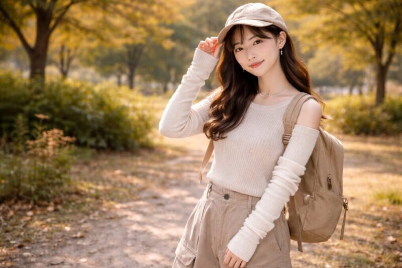 屋外でニットトップスにアームウォーマーを合わせ、手元の防寒とコーデを両立している様子