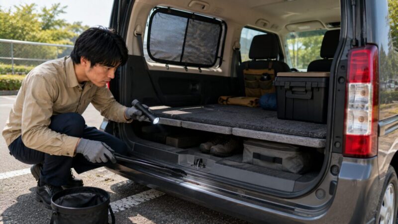 車中泊前に、荷室のマットや収納ケースの下を確認する人。