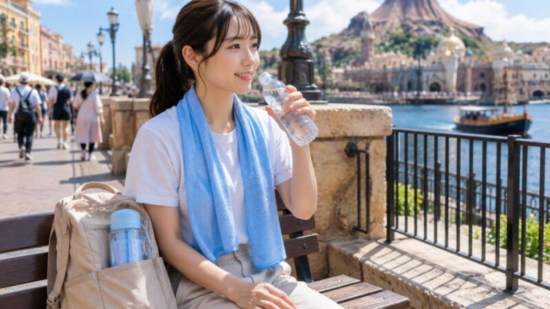 港町風のテーマパークで冷感タオルを使い水分補給しながら休憩する女性