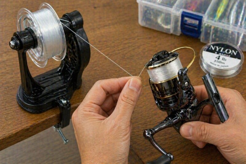 ナイロンラインをリールに巻きながら、締めすぎないよう張り具合を確認している様子。