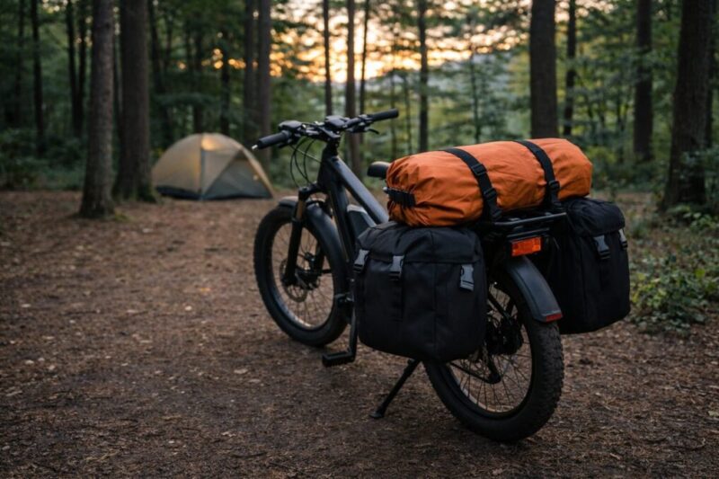 パニアとドライバッグで荷物を固定して安定させた自転車の積載例