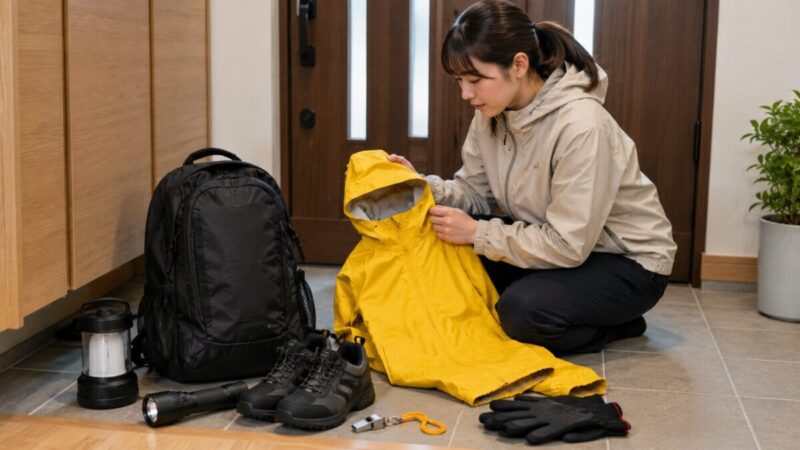 玄関で防災服や靴、ライトなどを確認し、雨や暗さに備える様子